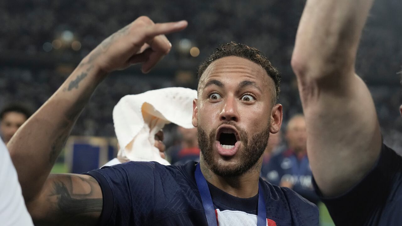 PSG's Neymar celebrates after winning the French Super Cup final soccer match between Nantes and Paris Saint-Germain at Bloomfield Stadium in Tel Aviv, Israel, Sunday, July 31, 2022. PSG won 4-0. (AP Photo/Ariel Schalit)