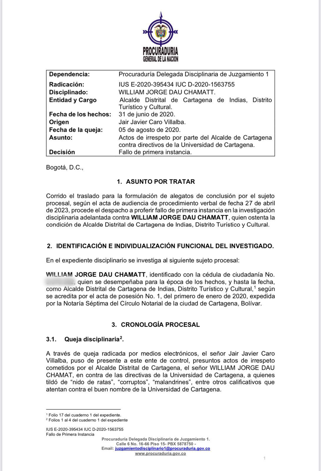 Sanción al alcalde de Cartagena William Dairo