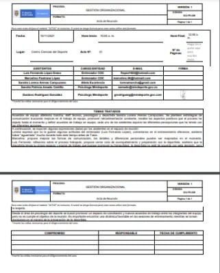 Acta de la reunión entre Lorena Arenas y Luis Fernando López tras denuncias de problemas entre los dos.