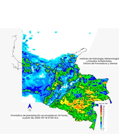 Clima para el lunes 18 de mayo: la escala de colores indica la cantidad  
de precipitación acumulada (en milímetros).