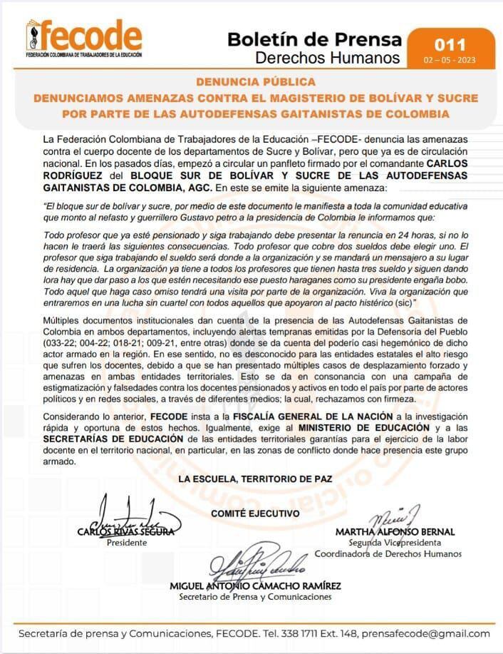 Comunicado de Fecode.