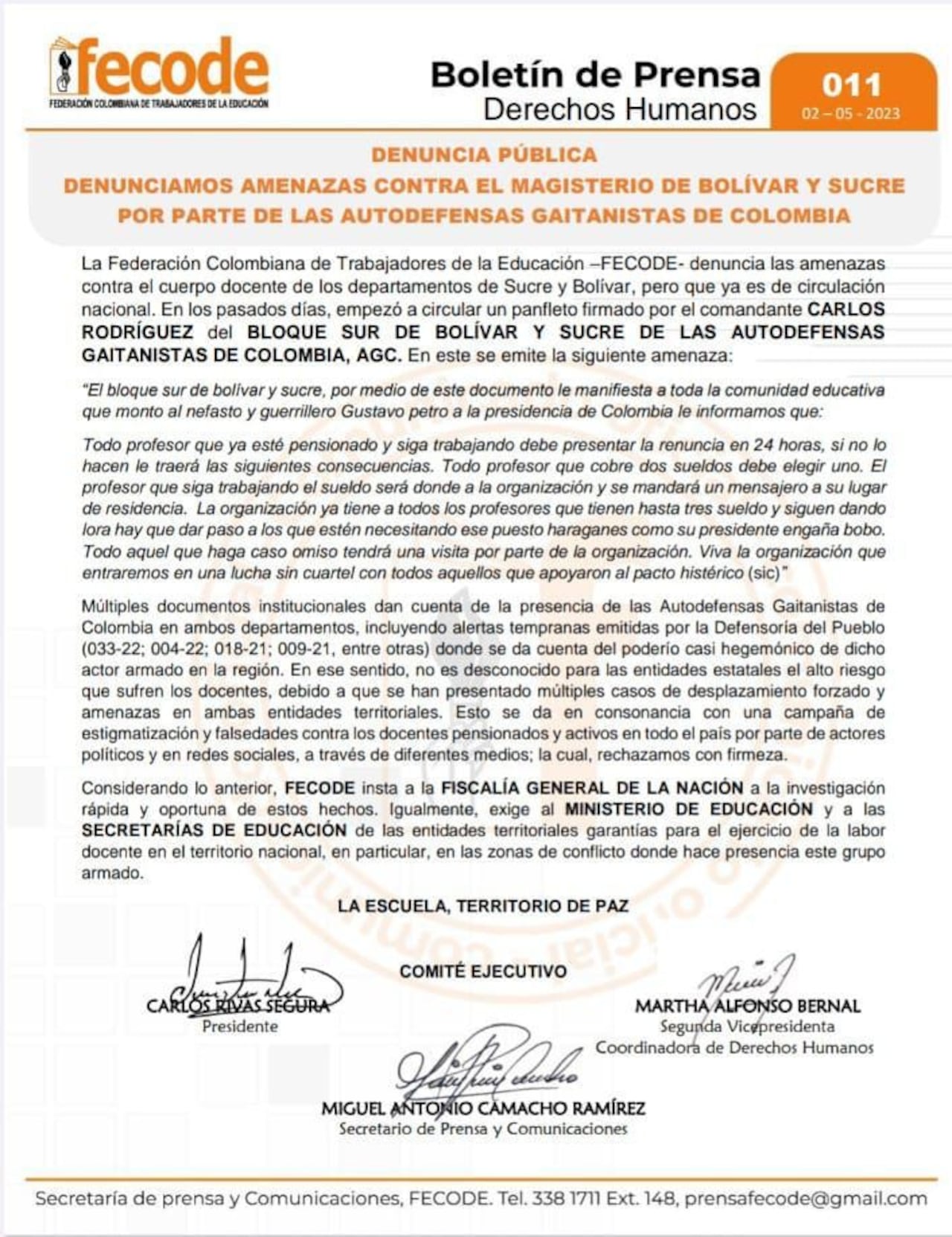 Comunicado de Fecode.