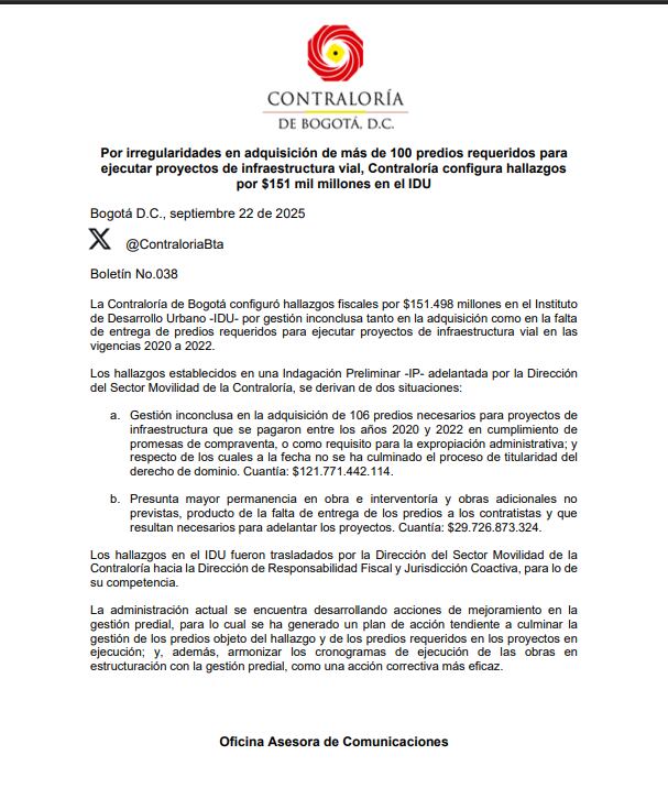 Hallazgos fiscales de la contraloría al IDU.