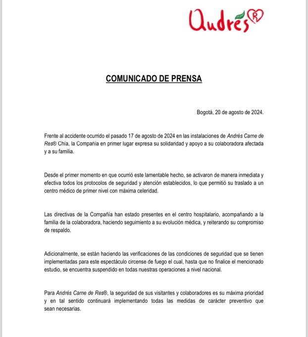 Andrés Carne de Res se pronunció sobre el accidente que sufrió una de sus trabajadoras en medio de un show con fuego.