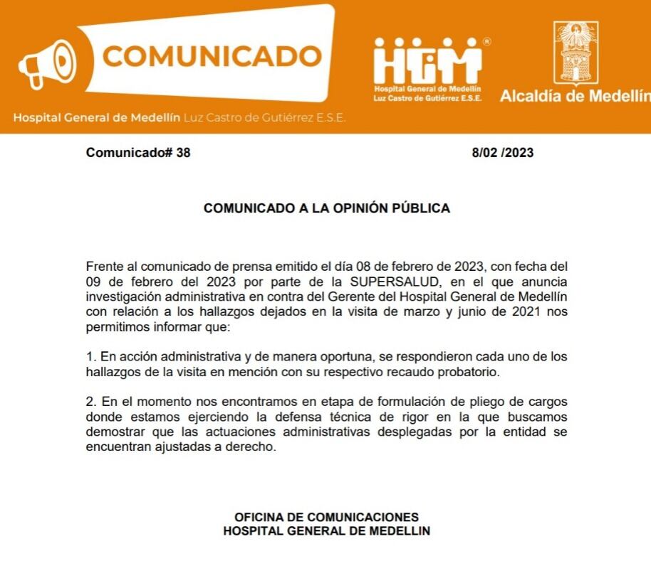 Pronunciamiento del Hospital General de Medellín.