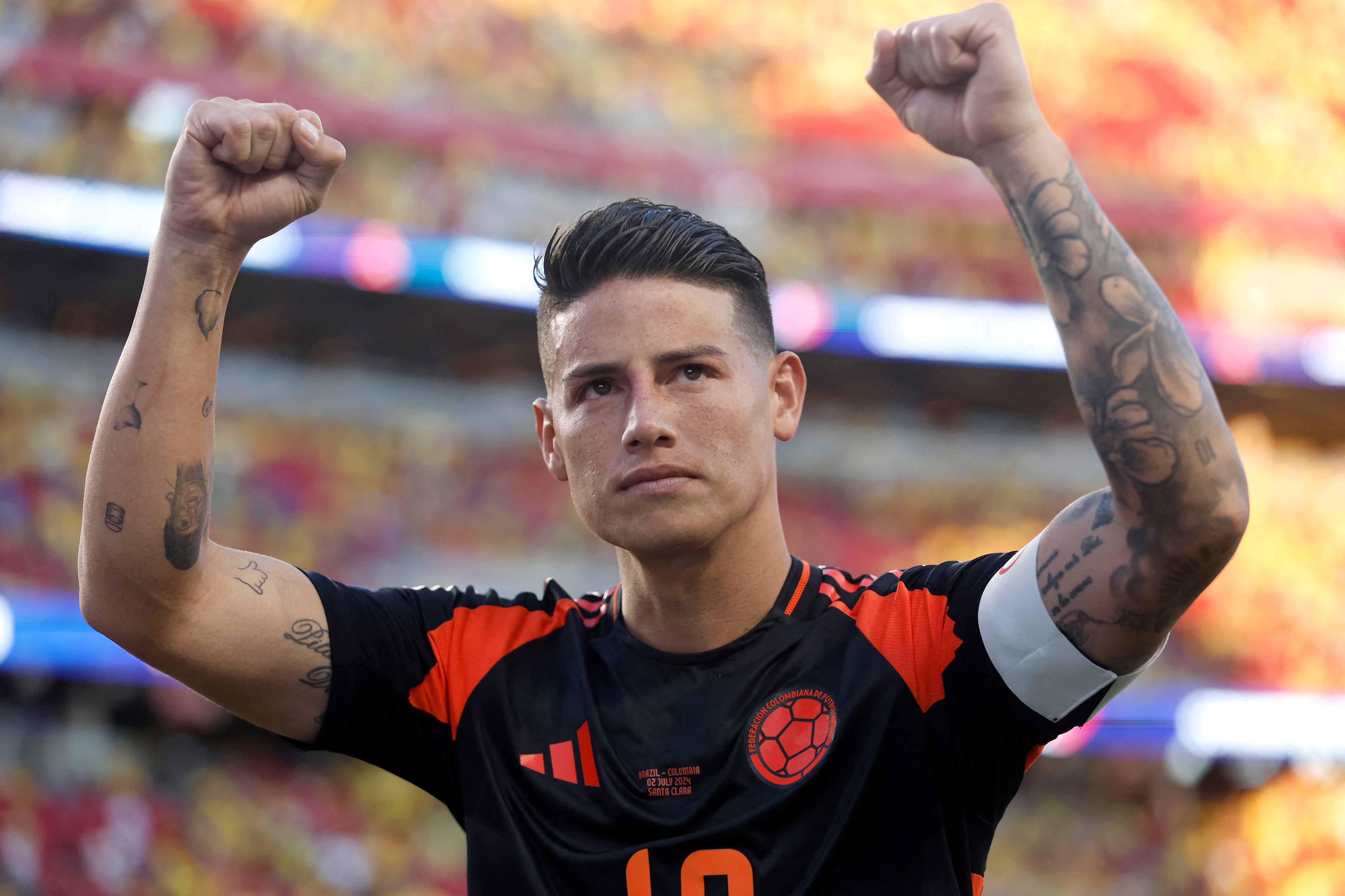 SANTA CLARA, CALIFORNIA - JULY 02: James Rodriguez of Colombia reacts after a 1-1 draw with Brazil during the CONMEBOL Copa America 2024 Group D match between Brazil and Colombia at Levi's Stadium on July 02, 2024 in Santa Clara, California.   Lachlan Cunningham/Getty Images/AFP (Photo by Lachlan Cunningham / GETTY IMAGES NORTH AMERICA / Getty Images via AFP)
