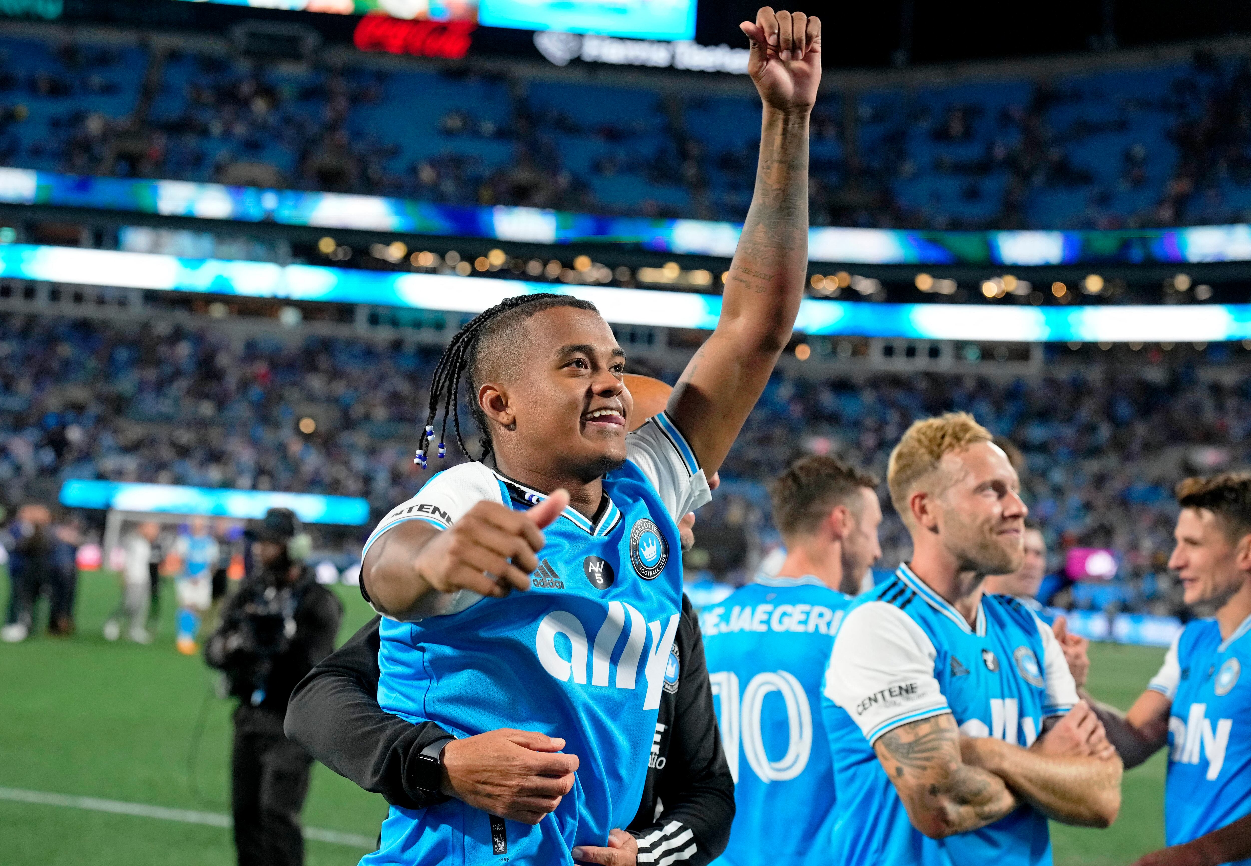 Oct 21, 2023; Charlotte, North Carolina, USA; Charlotte FC forward Kerwin Vargas (18) celebrates after their win against Inter Miami CF Bank of America Stadium. Mandatory Credit: Jim Dedmon-USA TODAY Sports
