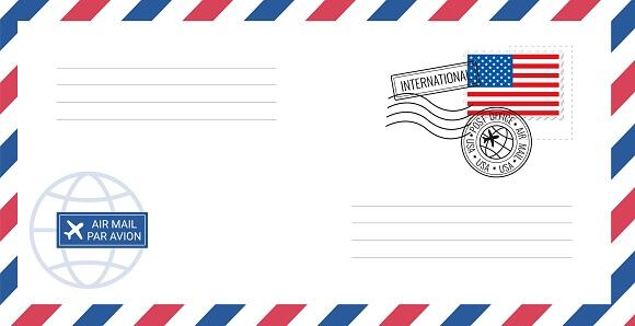 Ilustración vectorial de postal con la bandera estadounidense aislada sobre fondo blanco.