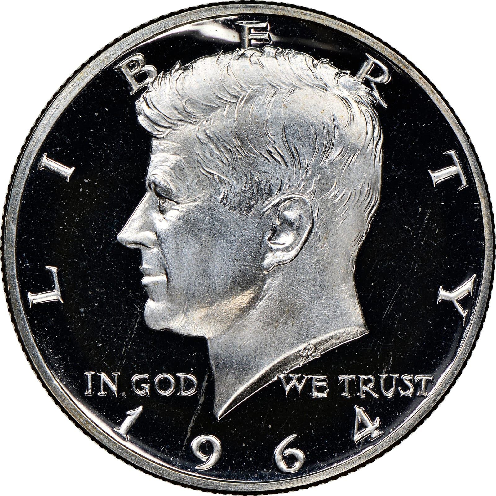 Moneda de 50 centavos Kennedy 1964 Proof “Accented Hair” con acabado espejo y detalles realzados en el cabello.