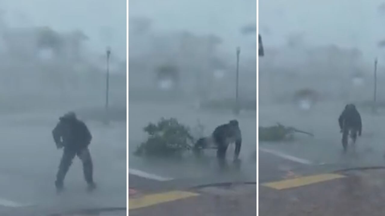 El periodista del Weather Channel por poco es golpeado por una rama de un árbol que se desprendió debido a los fuertes vientos causados por el huracán Ian.