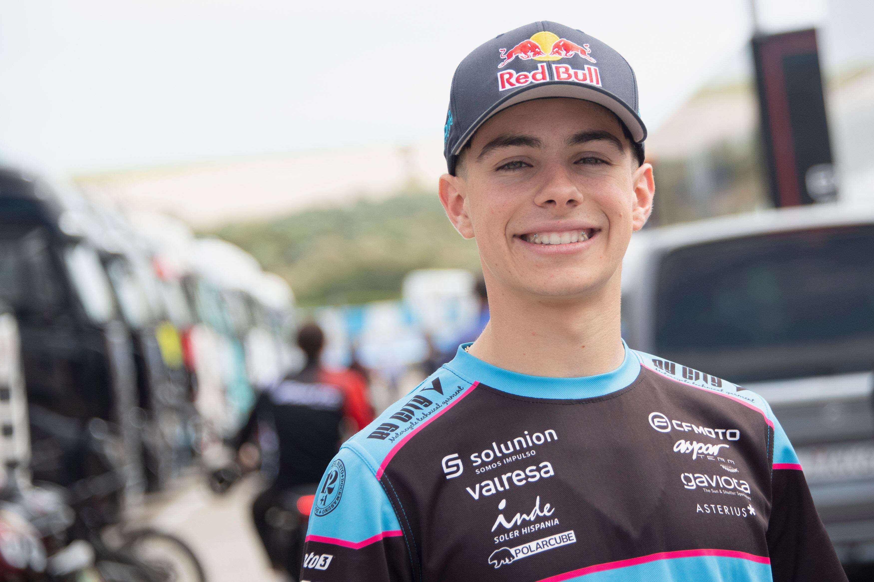 JEREZ DE LA FRONTERA, SPAIN - APRIL 25: David Alonso of Colombia and  CFMOTO Aspar Team smiles in paddock during the MotoGP Of Spain - Previews on April 25, 2024 in Jerez de la Frontera, Spain.  (Photo by Mirco Lazzari gp/Getty Images)