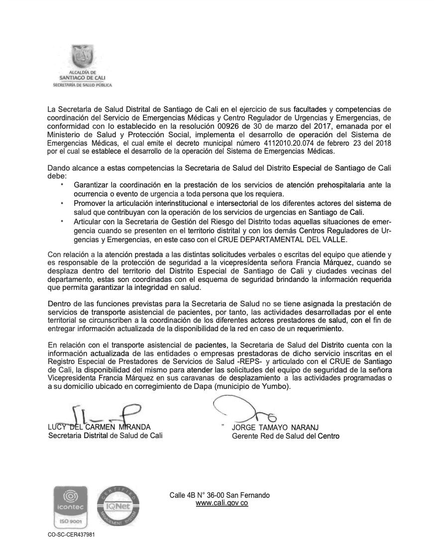 Secretaría de Salud de Cali respondió a solicitud de Francia Márquez sobre ambulancia para sus familiares