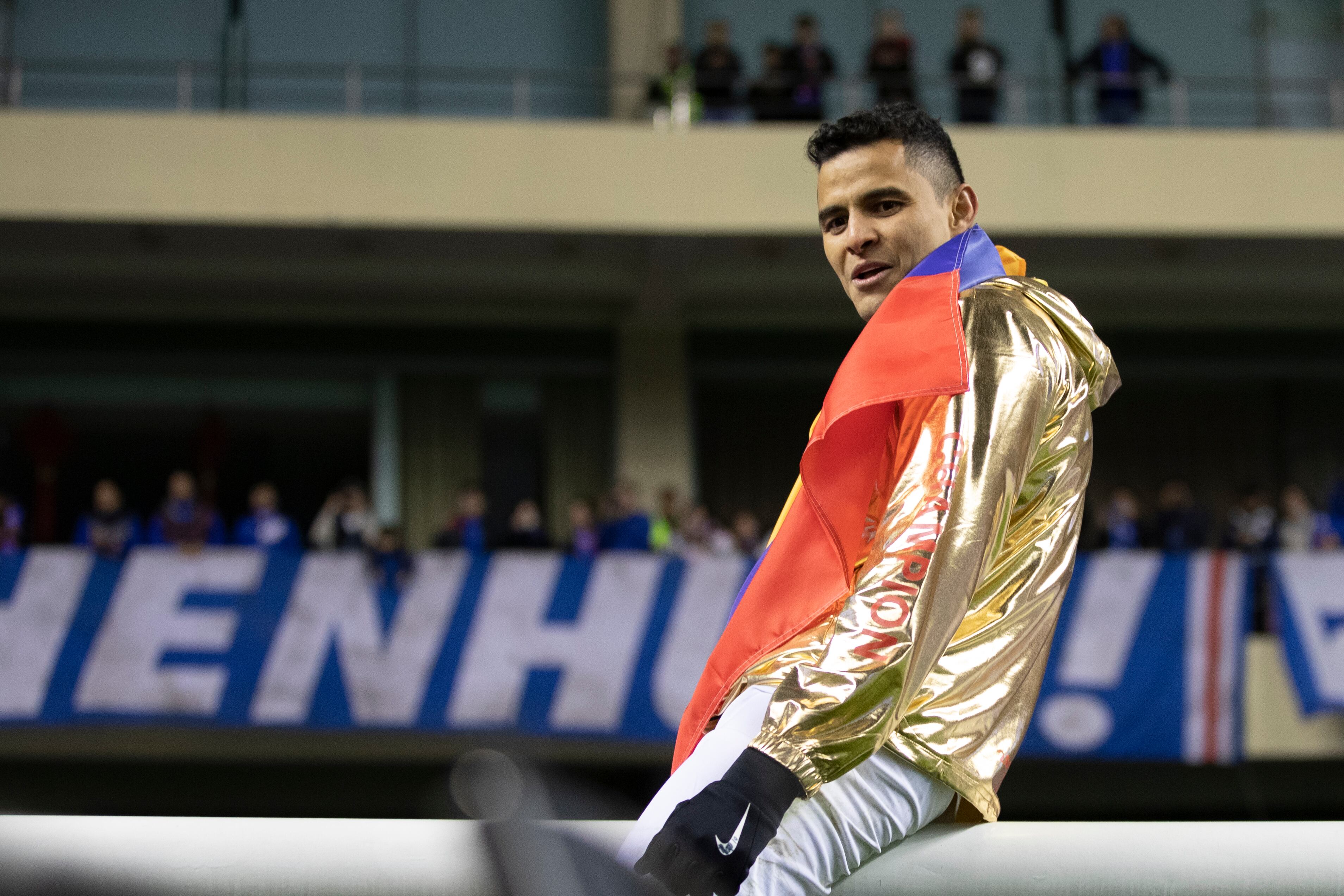 SHANGHAI, CHINA - DECEMBER 06: Giovanni Moreno of Shanghai Greenland Shenhua and teammates celebrate during the award ceremony after the 2019 CFA Cup Final - Shanghai Greenland Shenhua v Shandong Luneng Taishan at Shanghai Hongkou Football Stadium on December 6, 2019 in Shanghai, China.  (Photo by Fred Lee/Getty Images)