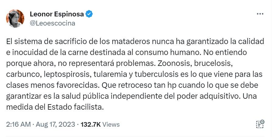 La chef expresó su preocupación sobre la reciente decisión del Gobierno colombiano de reabrir los mataderos municipales