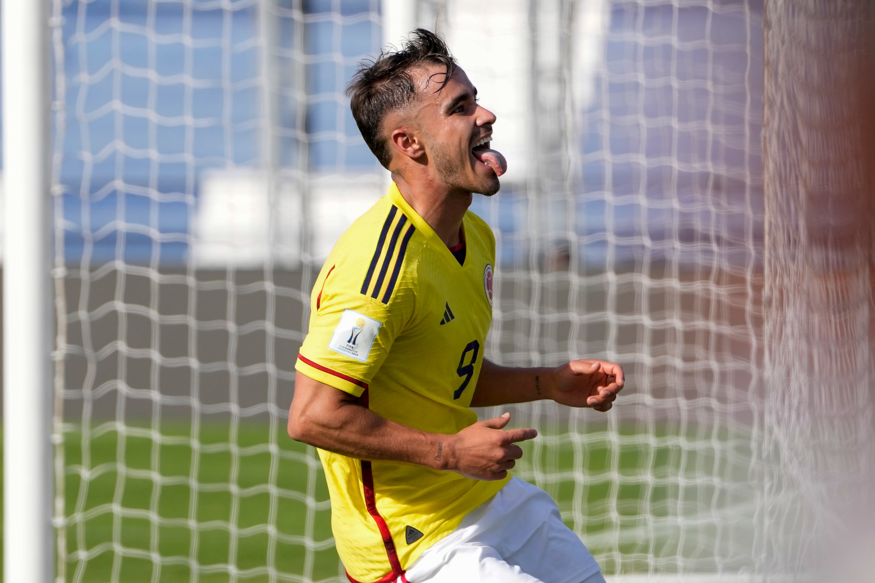 Colombia's Tomas Angel celebrates scoring his side's 4th goal against Slovakia during a FIFA U-20 World Cup round of 16 soccer match at the Bicentenario stadium in San Juan, Argentina, Wednesday, May 31, 2023. (AP Photo/Ricardo Mazalan)