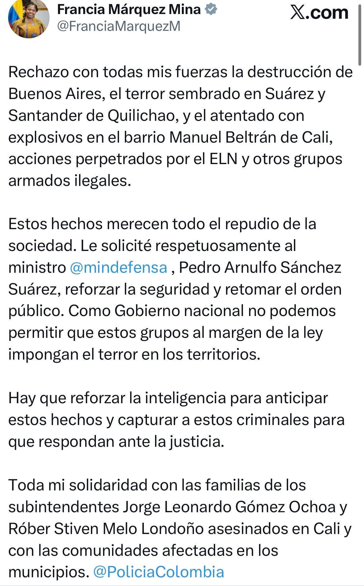 Pantallazo mensaje en x de la vicepresidenta Francia Márquez