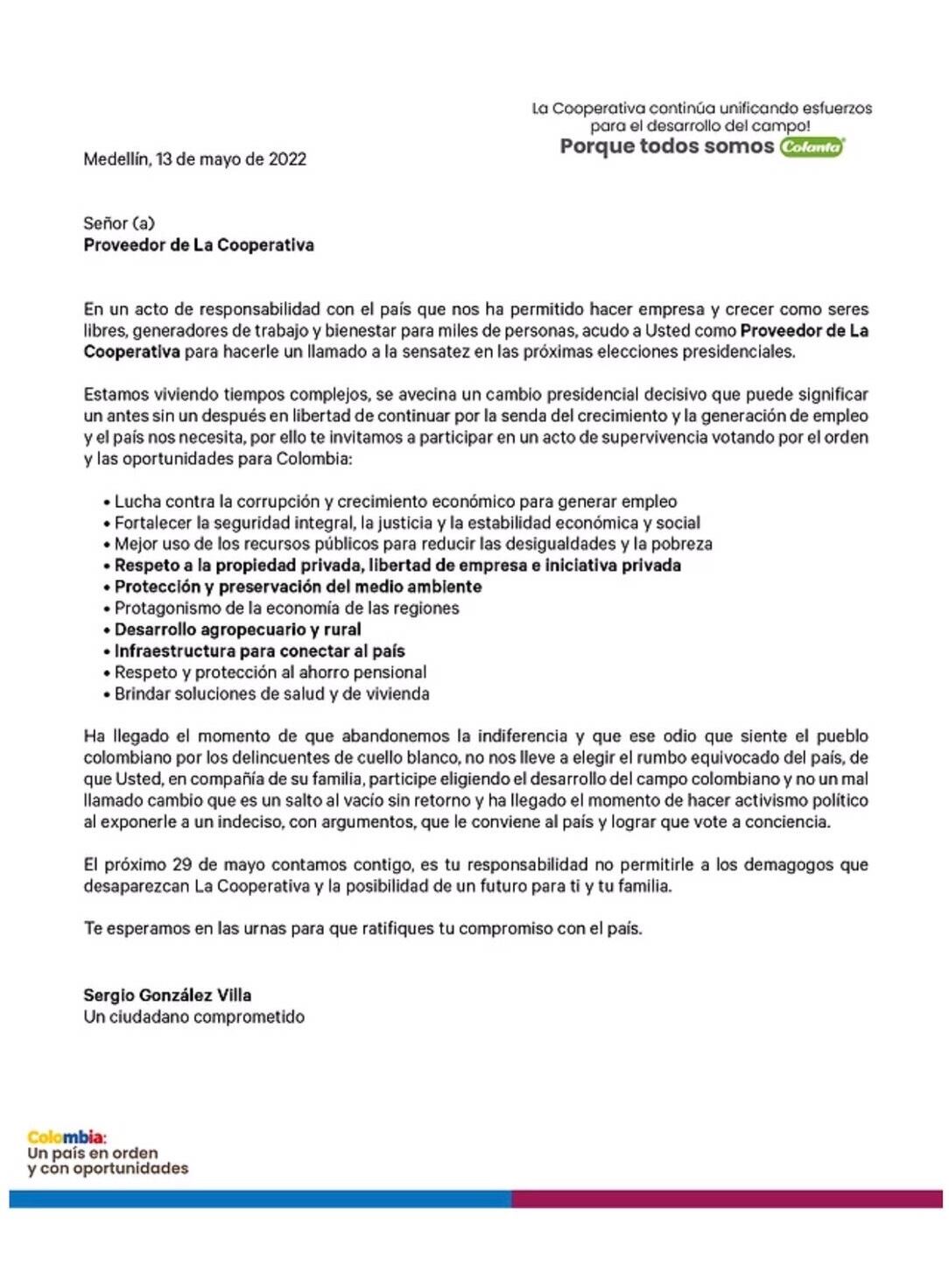 La carta del gerente de Colanta sobre las elecciones que ha causado polémica