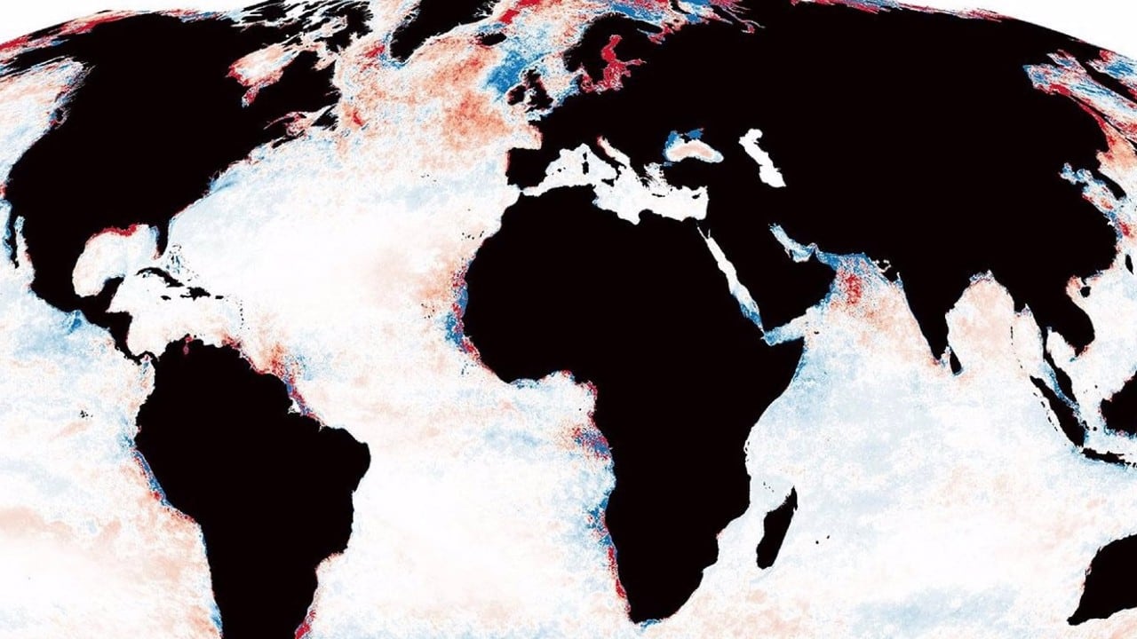 Las áreas rojas indican regiones donde los océanos se están oscureciendo, mientras que las azules indican regiones donde se están aclarando.