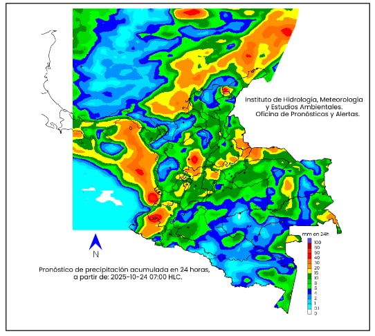 La escala de colores indica la cantidad de precipitación acumulada para el viernes 24 de octubre de 2025