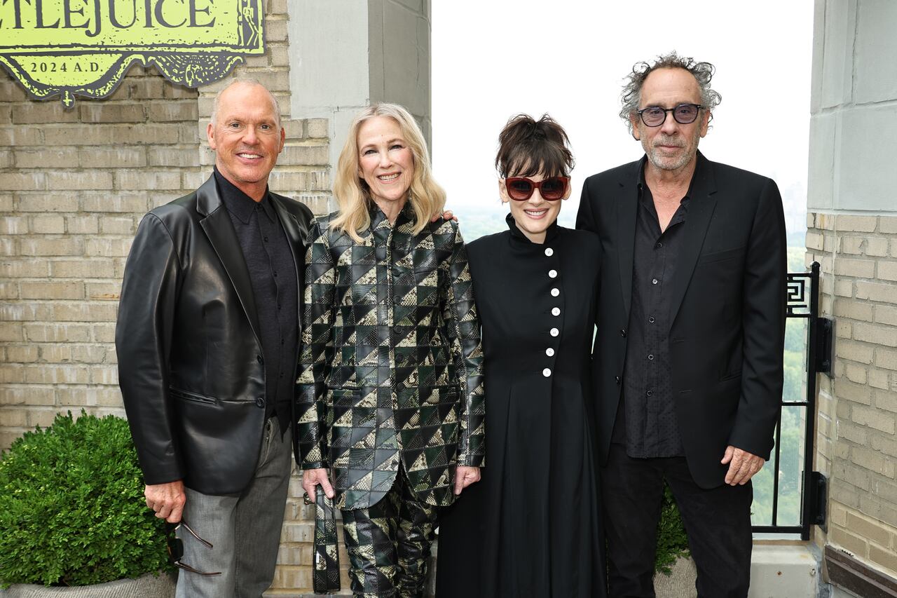 NEW YORK, NEW YORK - AUGUST 17: (L-R) Michael Keaton, Catherine O'Hara, Winona Ryder and Tim Burton attend the the "Beetlejuice Beetlejuice" New York Photo Call at JW Marriott Essex House on August 17, 2024 in New York City. (Photo by Theo Wargo/Getty Images)