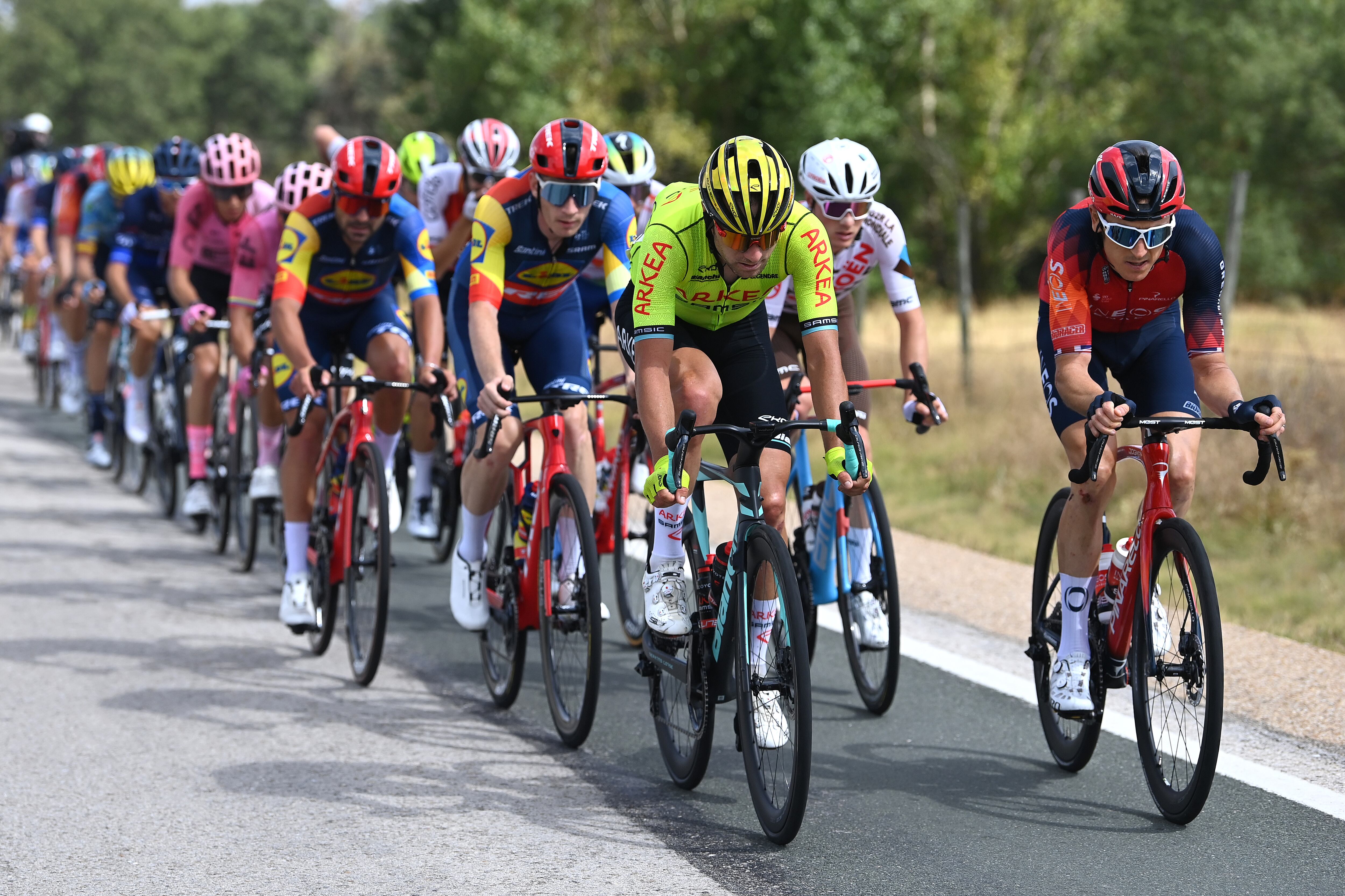 LA LAGUNA NEGRA.VINUESA, SPAIN - SEPTEMBER 06: (L-R) Łukasz Owsian of Poland and Team Arkéa Samsic and Geraint Thomas of The United Kingdom and Team INEOS Grenadiers lead the breakaway during the 78th Tour of Spain 2023, Stage 11 a 163.2km stage from Lerma to La Laguna Negra. Vinuesa 1730m / #UCIWT / on September 06, 2023 in La Laguna Negra.Vinuesa, Spain. (Photo by Tim de Waele/Getty Images)