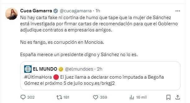 Publicación de Cuca Gamarra en X.