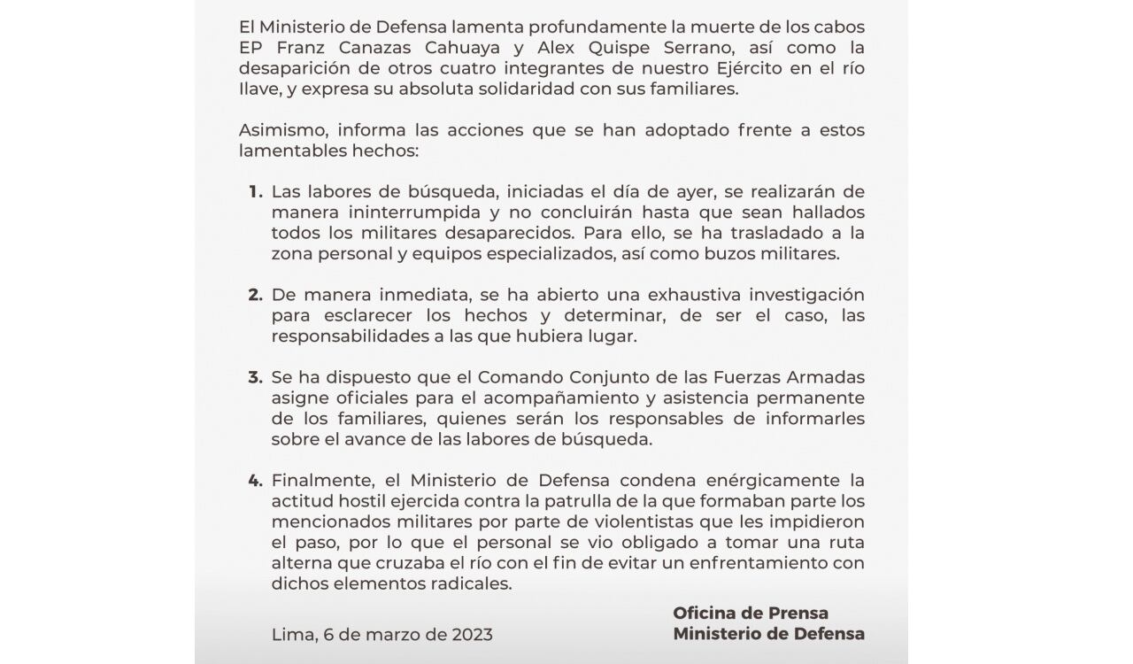 Este es el comunicado del Ministerio de Defensa de Perú sobre lo sucedido con los militares en Puno