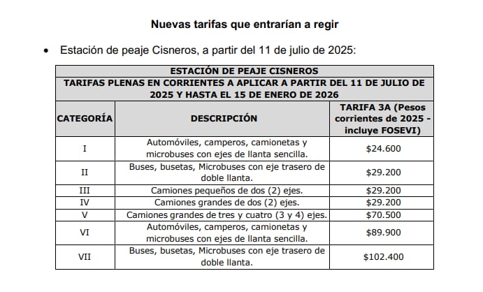 Nuevo costo en el peaje Cisneros, a partir del 11 de julio de 2025