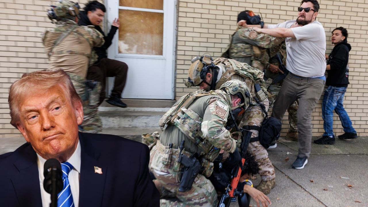 Agentes de ICE detienen a un manifestante mientras otros manifestantes intentan detenerlos en East Side, Chicago, el martes, octubre. 14, 2025.