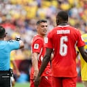 Granit Xhaka of Switzerland argues with the referee during the FIFA World Cup 2026 round of 16 match between Switzerland and Colombia at BC Place Stadium in Vancouver, Canada, on July 7, 2026. (Photo by Indrawan Kumala/NurPhoto via Getty Images)