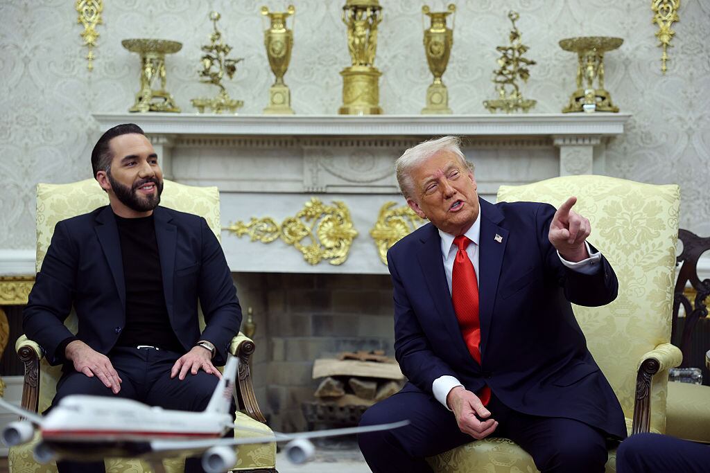 WASHINGTON, DC - APRIL 14: U.S. President Donald Trump  meets with President Nayib Bukele of El Salvador in the Oval Office of the White House April 14, 2025 in Washington, DC. Trump and Bukele were expected to discuss a range of bilateral issues including the detention of Kilmar Armando Abrego Garcia, who has been held in a prison in El Salvador since March 15.  (Photo by Win McNamee/Getty Images)