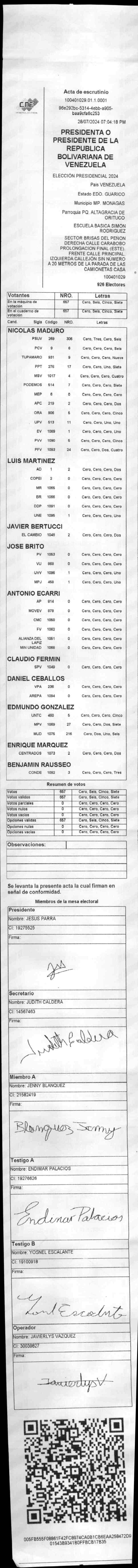 Esta es una de las actas conocida por SEMANA, al final, se puede ver el código QR con la información