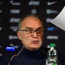 Uruguay's Argentine head coach Marcelo Bielsa gestures during a press conference at the Centenario Stadium in Montevideo on June 30, 2026. (Photo by Dante FERNANDEZ / AFP)
