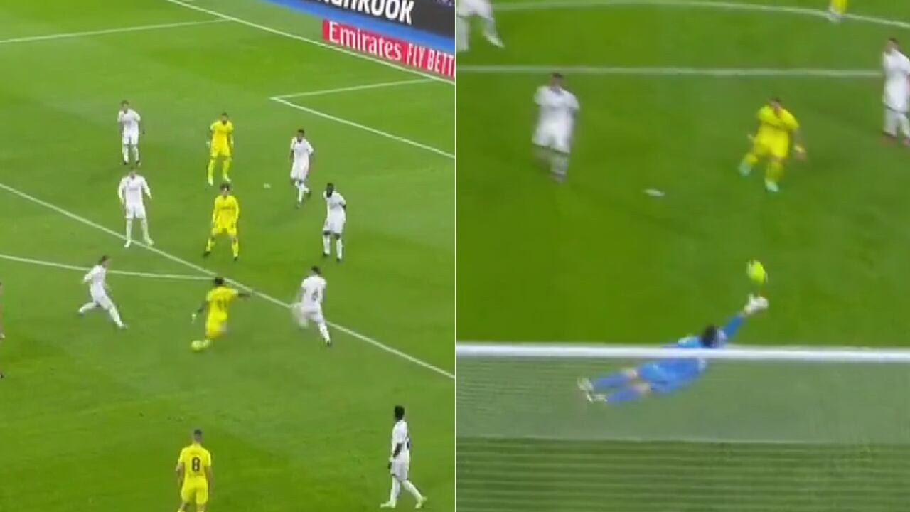 Remate de Samu Chukweze en el duelo de Villarreal y Real Madrid.