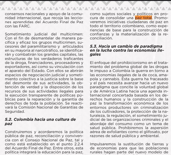 El plan de gobierno de Gustavo Petro donde habla sobre Paz Total.