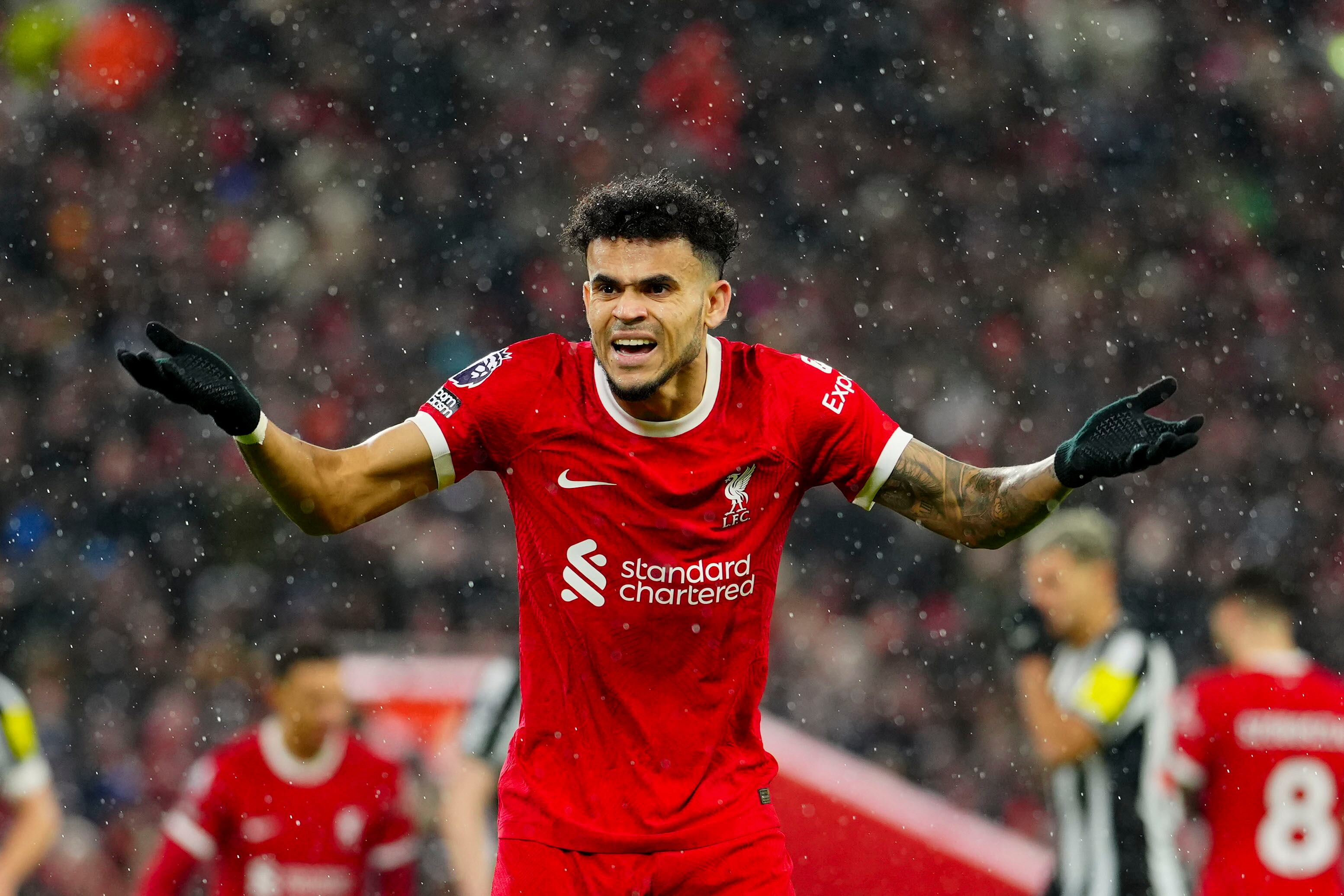 Liverpool's Luis Diaz reacts during the English Premier League soccer match between Liverpool and Newcastle, at Anfield stadium in Liverpool, England, Monday, Jan. 1, 2024. (AP Photo/Jon Super)