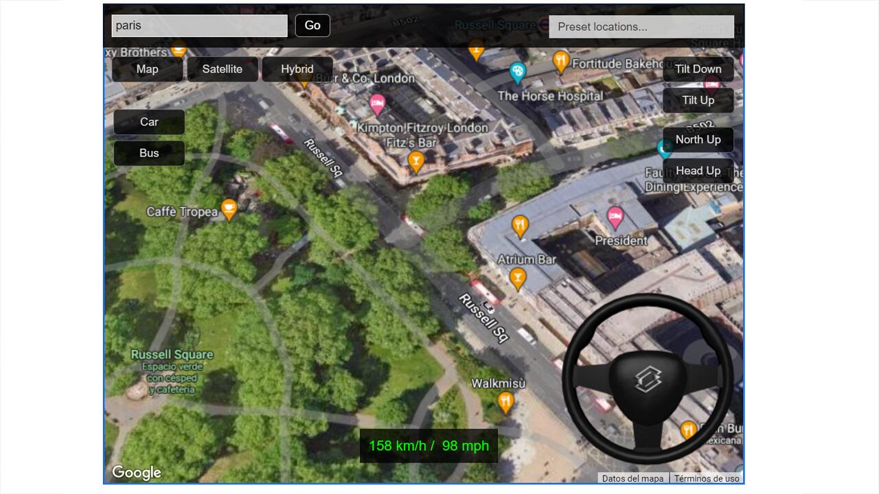 Driving simulador es una plataforma usa Google Maps para que los usuarios manejen por varias ciudades del mundo.