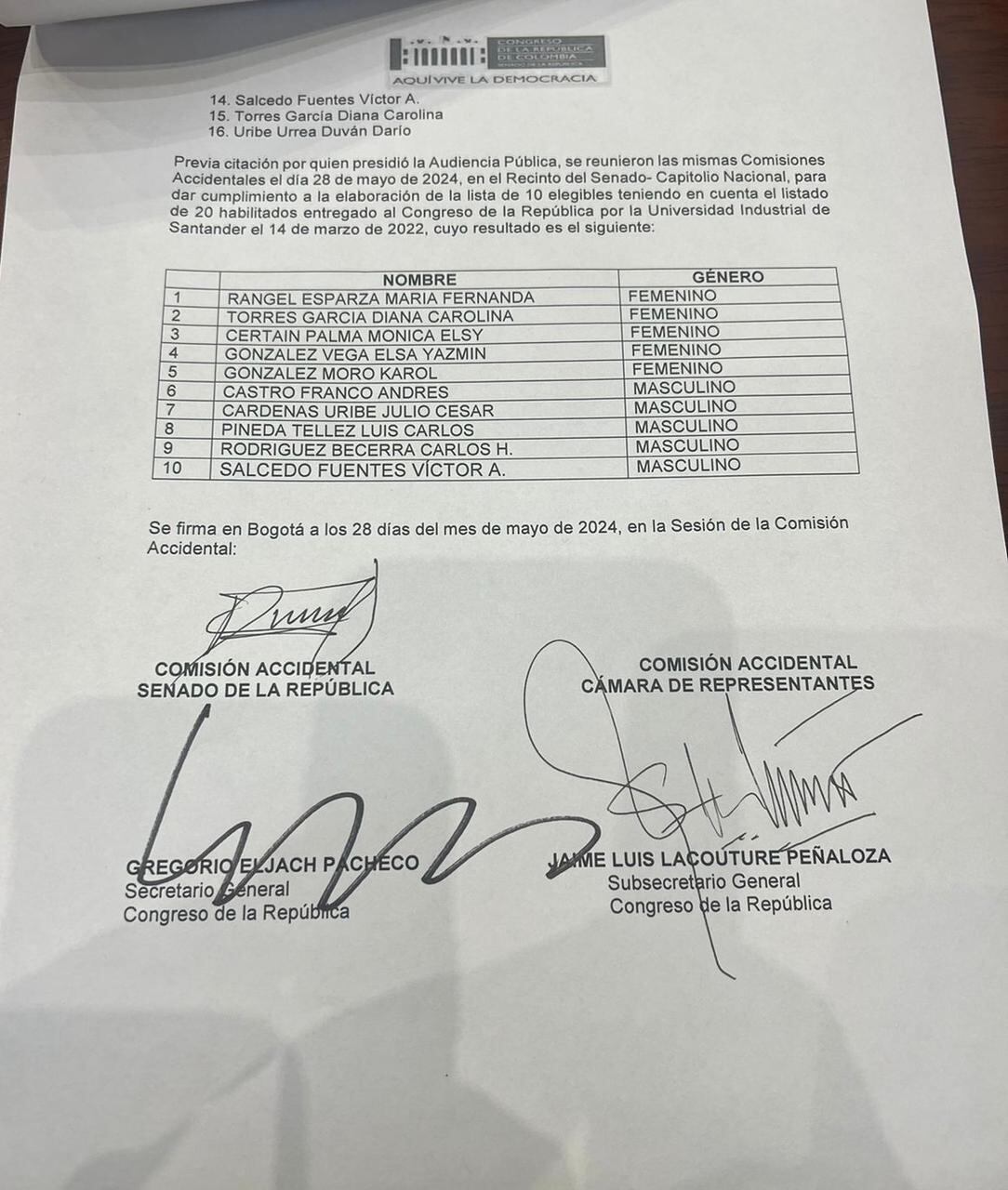 La lista de 10 elegibles al cargo de Contralor General.