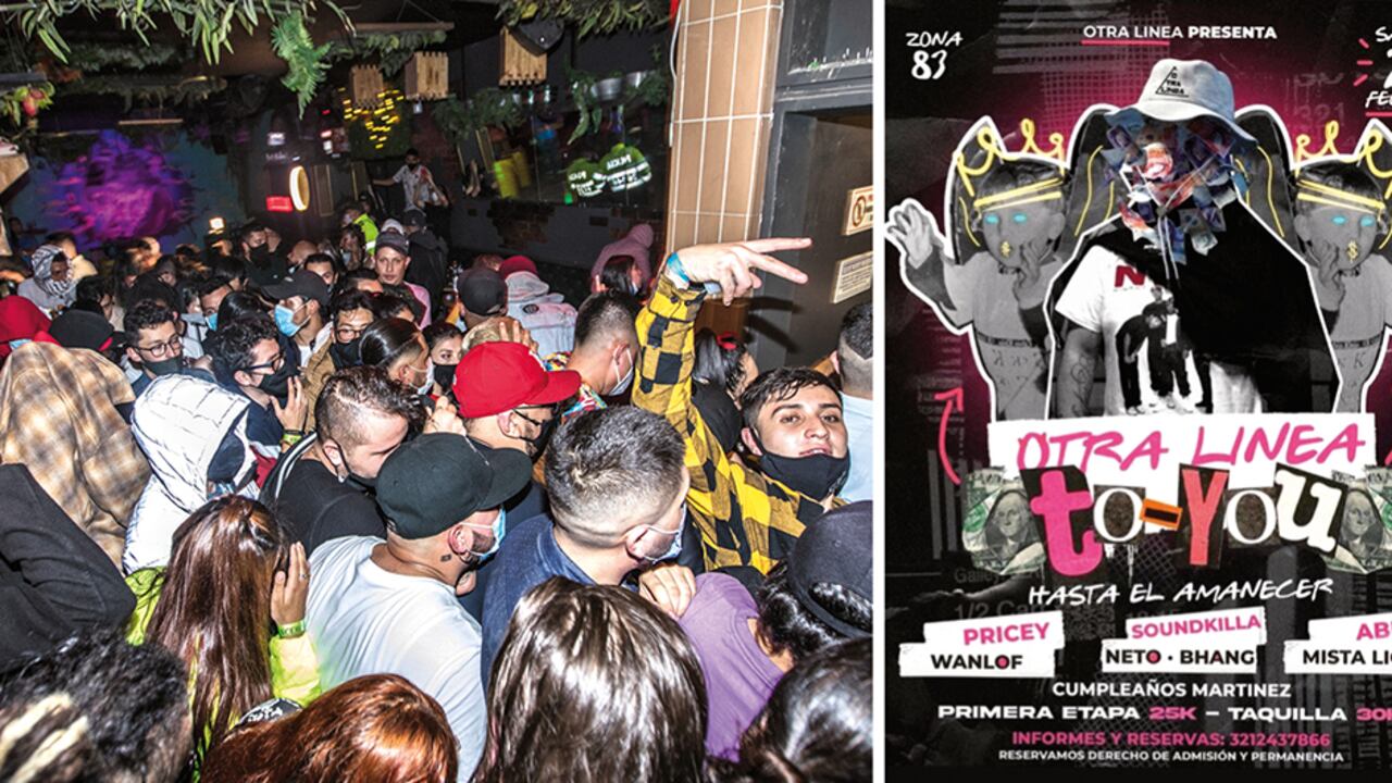 Cuando la policía llega a la fiesta clandestina de la Carrera Séptima con calle 32 encuentra a cerca de un centenar de jóvenes apeñuscados en un pequeño espacio.Las fiestas se promocionan en redes con estos volantes.