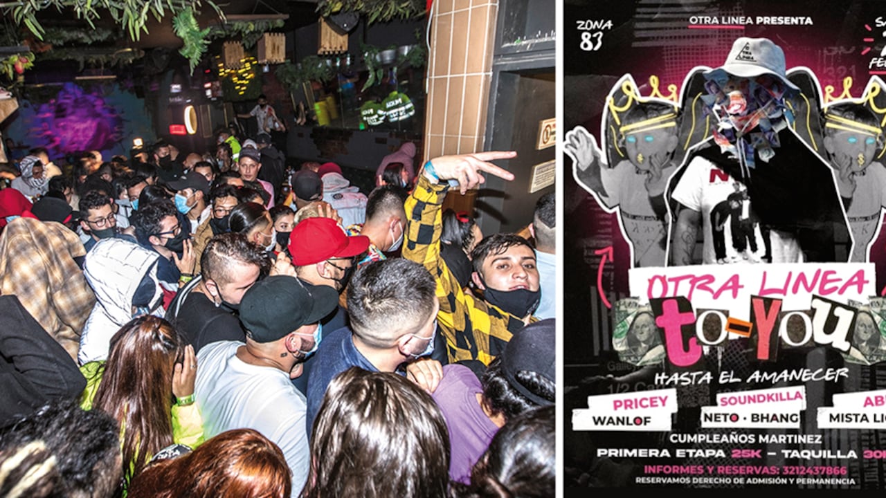 Cuando la policía llega a la fiesta clandestina de la Carrera Séptima con calle 32 encuentra a cerca de un centenar de jóvenes apeñuscados en un pequeño espacio.Las fiestas se promocionan en redes con estos volantes.