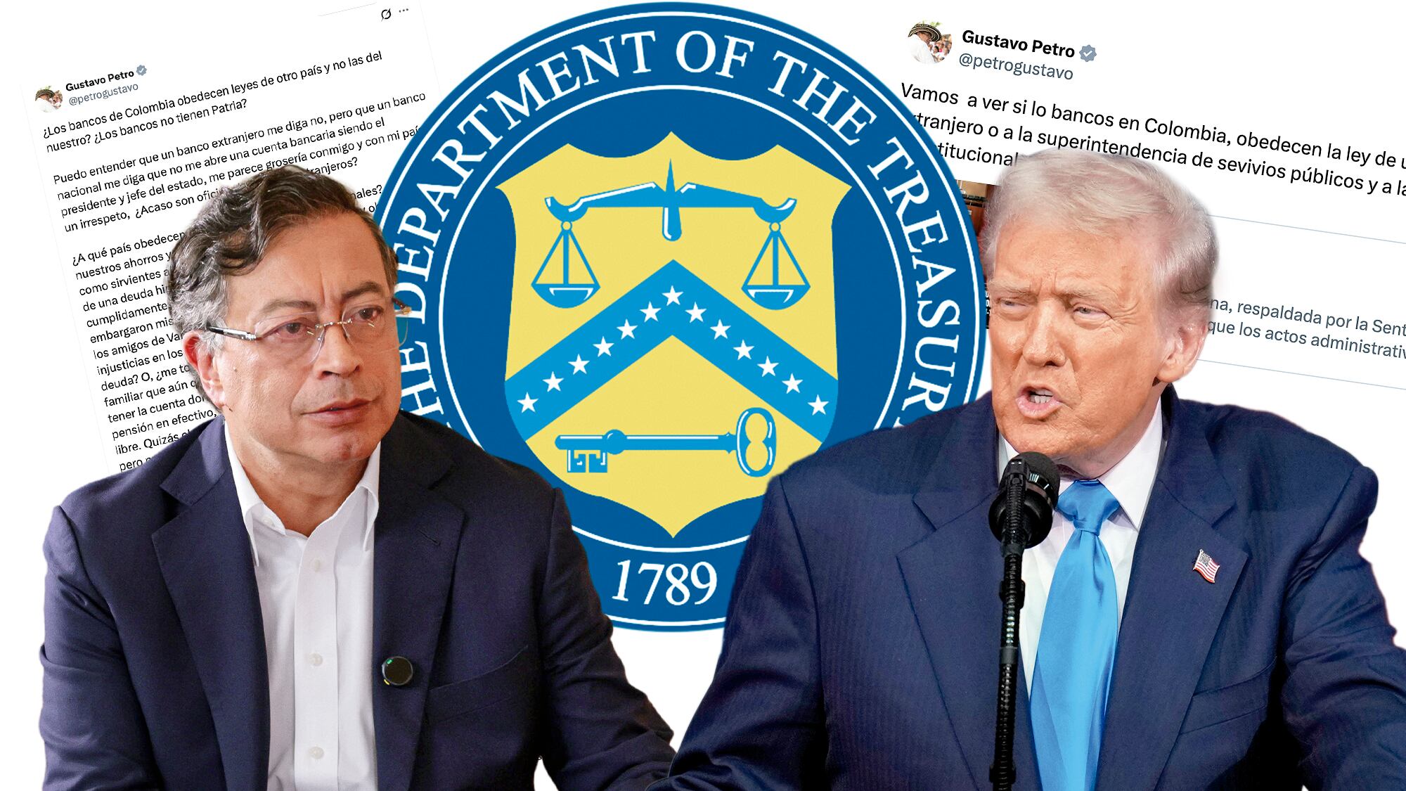 El presidente Gustavo Petro cuestiona la soberanía financiera de Colombia ante bancos extranjeros, mientras Donald Trump habla en un acto oficial.