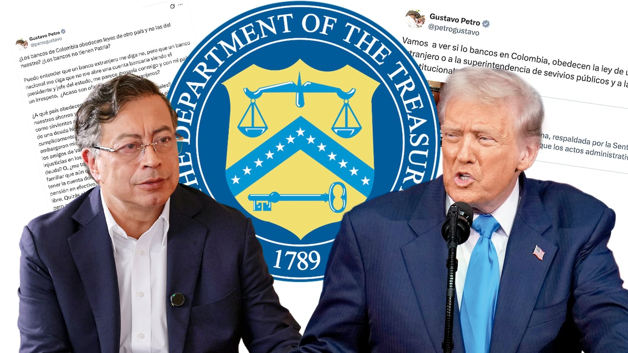 El presidente Gustavo Petro cuestiona la soberanía financiera de Colombia ante bancos extranjeros, mientras Donald Trump habla en un acto oficial.