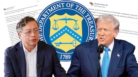 El presidente Gustavo Petro cuestiona la soberanía financiera de Colombia ante bancos extranjeros, mientras Donald Trump habla en un acto oficial.