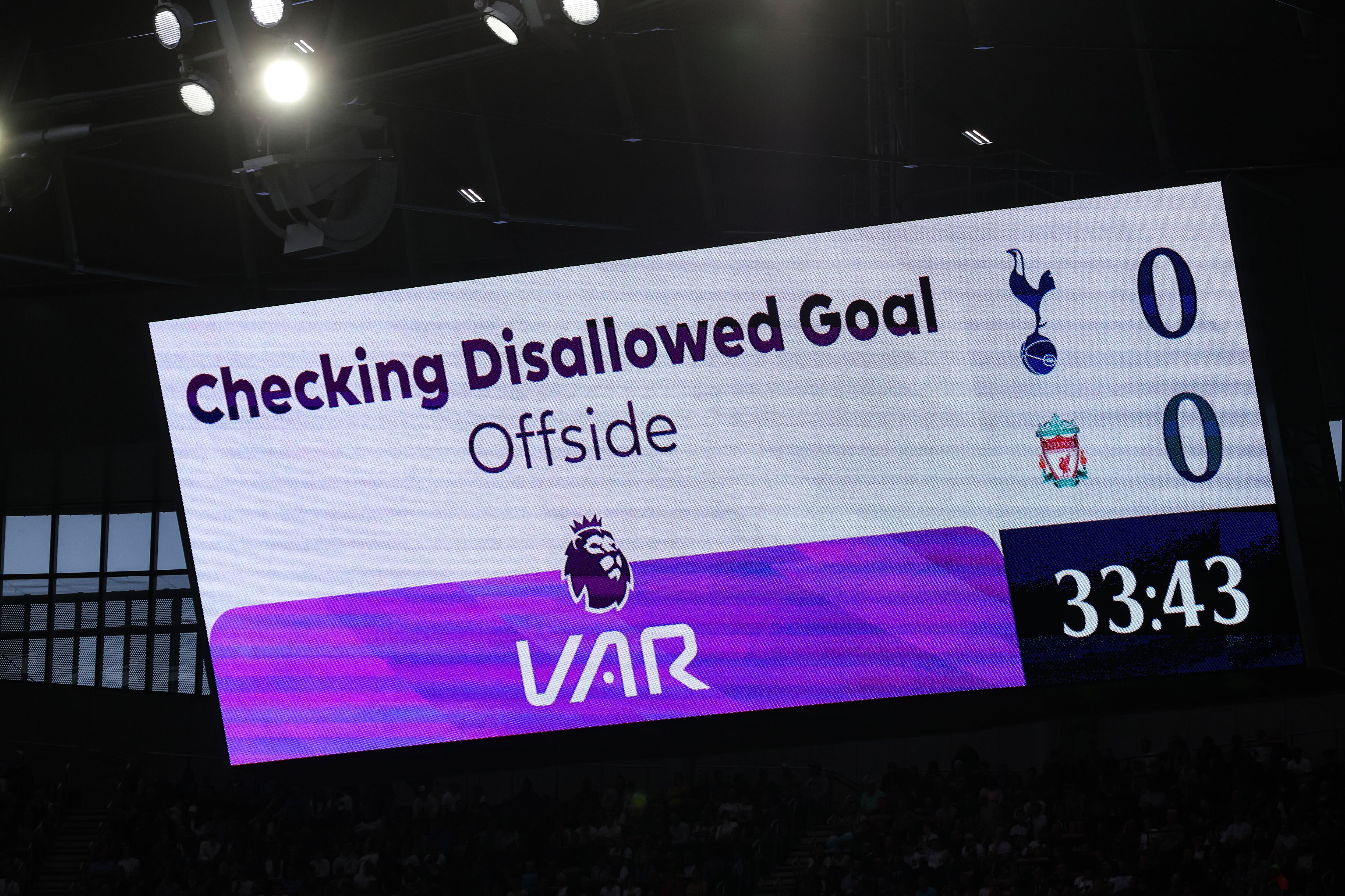 LONDON, ENGLAND - SEPTEMBER 30: The giant screen shows a goal from Luis Diaz of Liverpool being checked for offside by  VAR during the Premier League match between Tottenham Hotspur and Liverpool FC at Tottenham Hotspur Stadium on September 30, 2023 in London, England. (Photo by Marc Atkins/Getty Images)