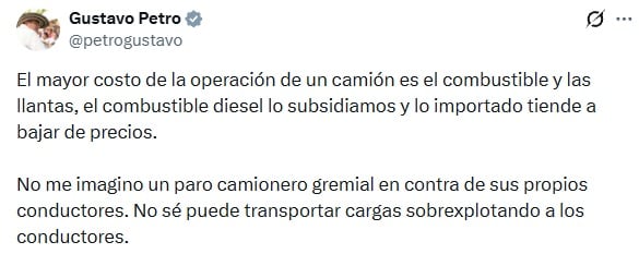 El presidente Gustavo Petro negó que Colombia esté en riesgo de vivir un paro camionero.