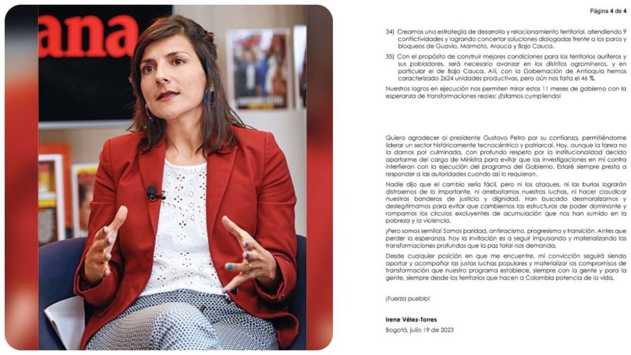 La ministra Irene Vélez y su carta de renuncia.