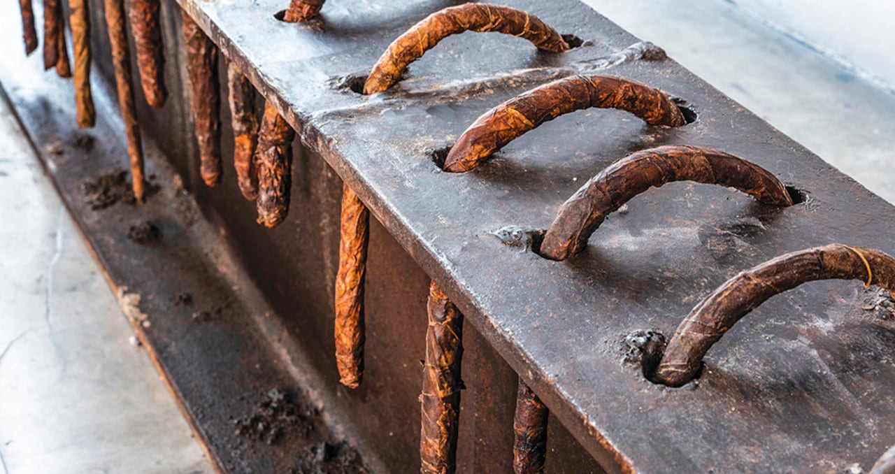 Linda Pongutá, Árbol palo, 2022 - Viga de hierro y tejido en tabaco - Dimensiones variables.Espacio Continuo, Bogotá.