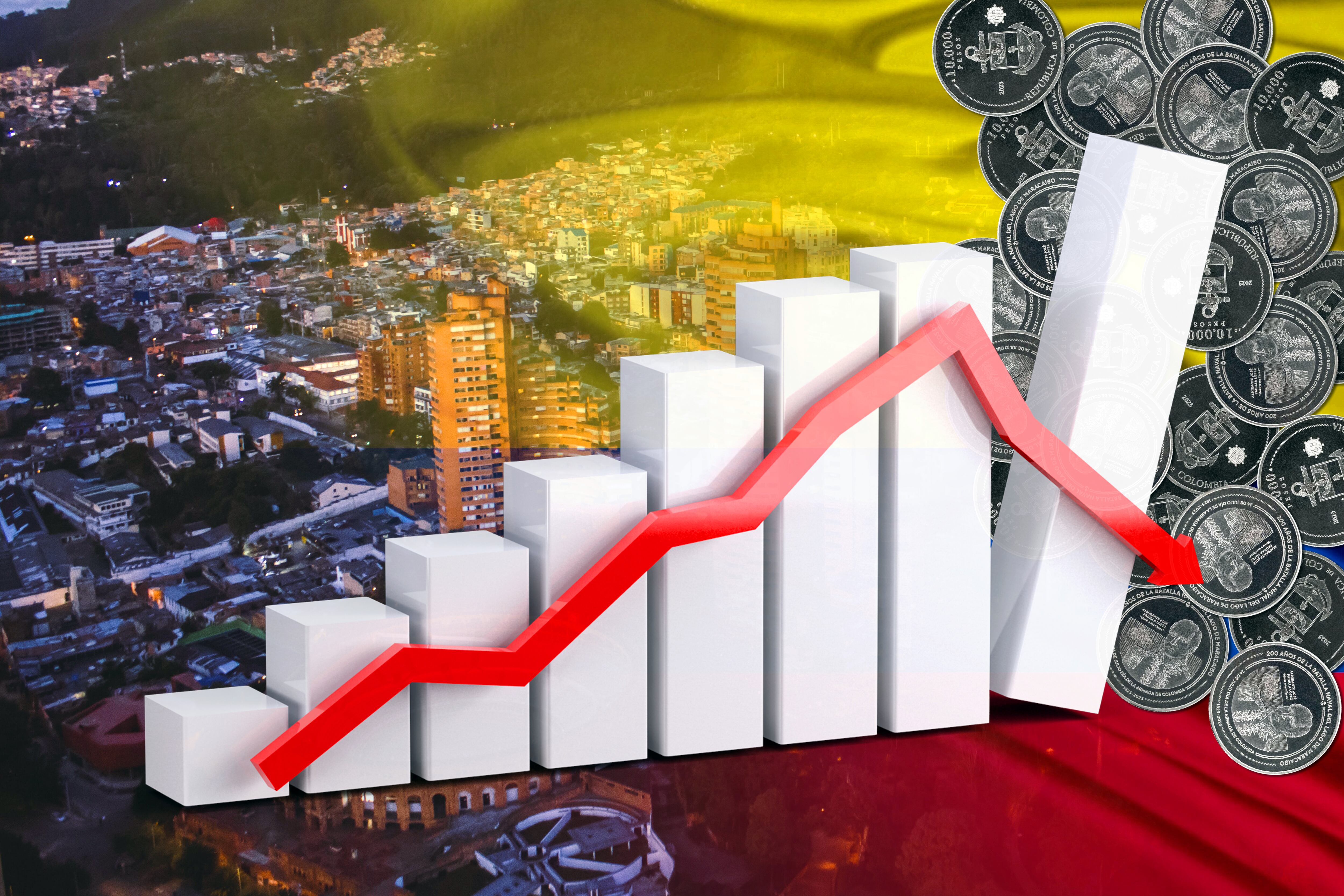 Economy chart: down arrow, Colombian flag, new 10,000 pesos coins and Bogota city