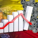 Economy chart: down arrow, Colombian flag, new 10,000 pesos coins and Bogota city