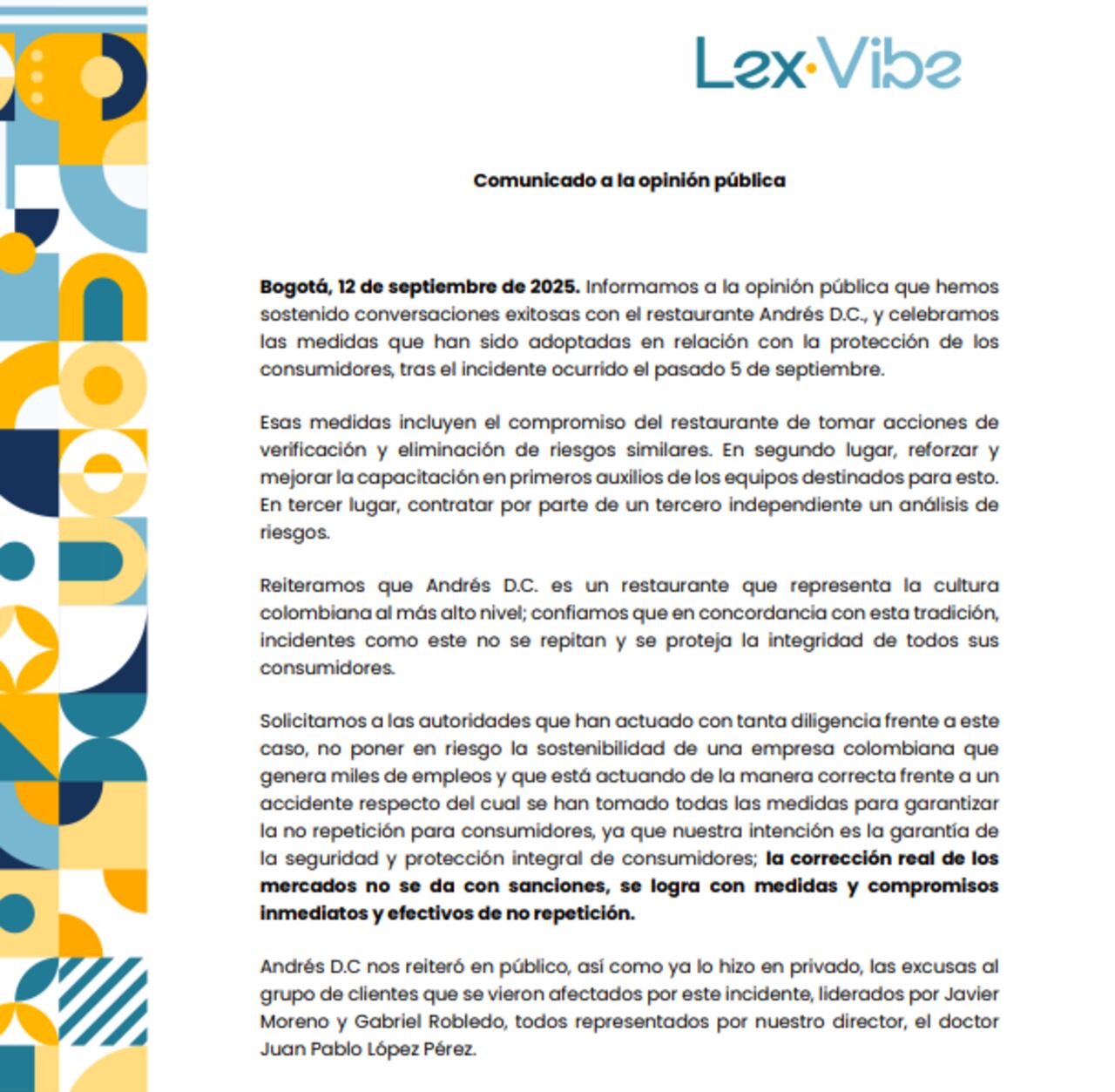 Comunicado de acuerdos entre afectados y Andrés DC